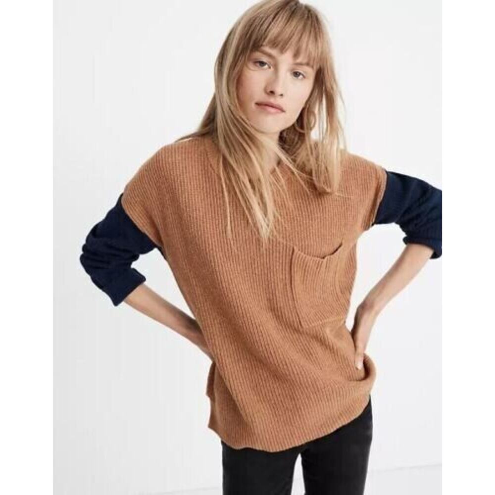 Madewell Thompson Pocket Pullover Colorblock‎ Sweater Heather Timber 2XS $75